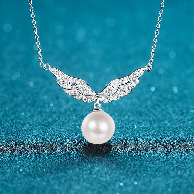 flawless pearl angel wings moissanite necklace