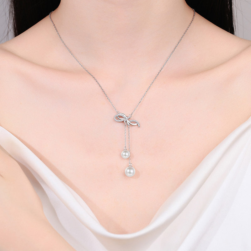 moissanite pearl necklace bow tassel