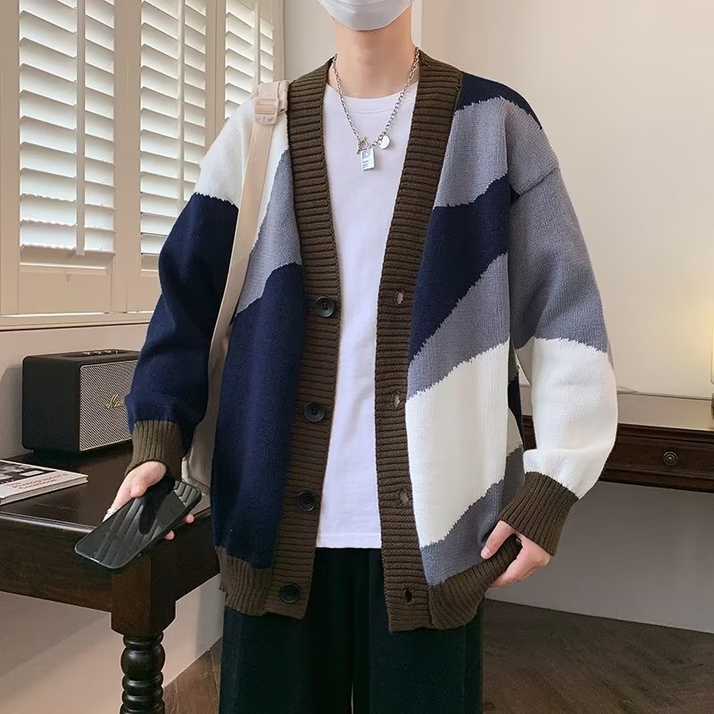 Fashionable color-blocked V-neck knitted cardigan sweater for men