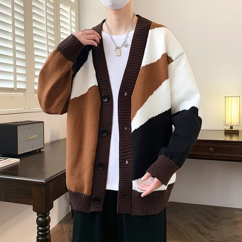 Fashionable color-blocked V-neck knitted cardigan sweater for men
